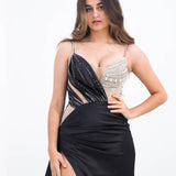 Black satin dress with crystal details for hire