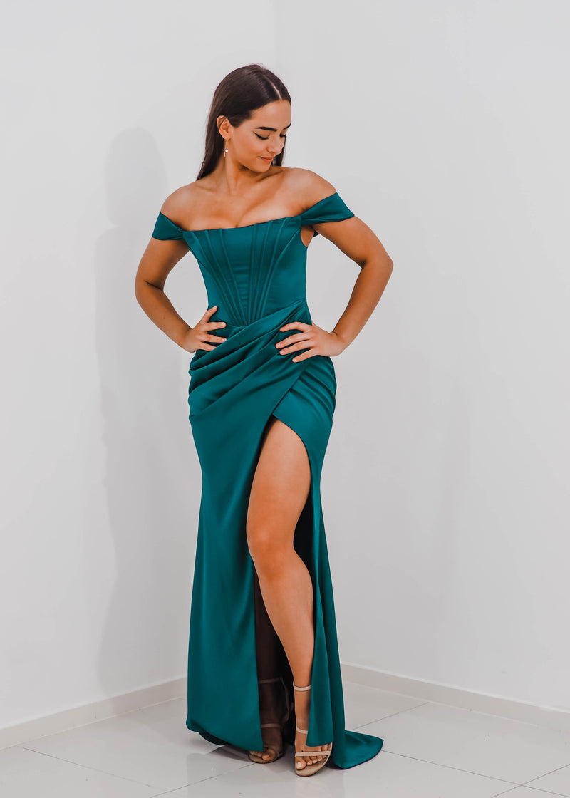 Teal Satin mermaid dress with ribbed corset and off the shoulder sleeves for hire