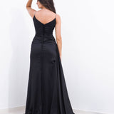 Black satin dress with crystal details for hire