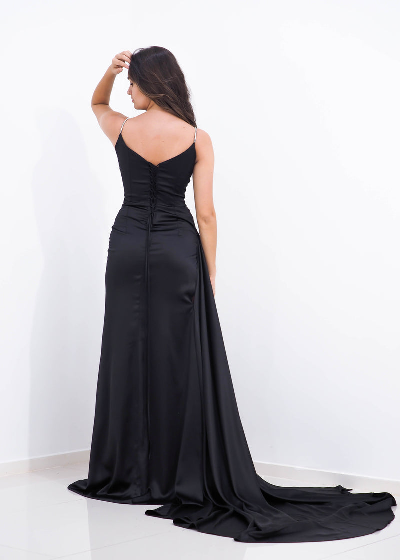 Black satin dress with crystal details for hire