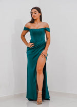 Teal Satin mermaid dress with ribbed corset and off the shoulder sleeves