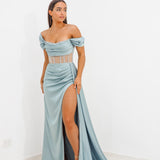 Sage green satin column dress with off the shoulder and high slit