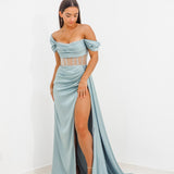 Sage green satin column dress with off the shoulder and high slit