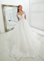 White Flowery lace with 3D flowers Wedding Dress with short shoulder sleeves