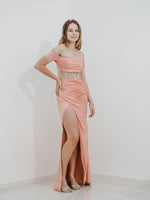 Inspired coral satin column dress with off the shoulder and high slit