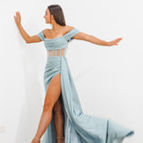 Sage green satin column dress with off the shoulder sleeves