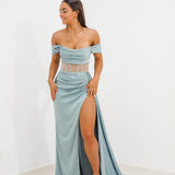 Sage green satin column dress with off the shoulder sleeves