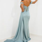 Sage green satin column dress with off the shoulder sleeves