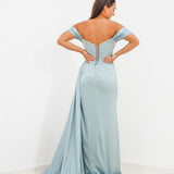 Sage green satin column dress with off the shoulder sleeves