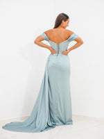 Light green Satin column dress with off the shoulder and high slit for hire
