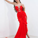 Daphne bright red deep Vneck strapless draped satin dress