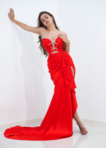 Daphne bright red deep Vneck strapless draped satin dress