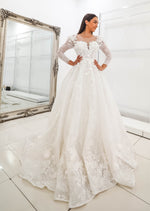White Flowery Tulle Wedding Dress with sleeves for hire