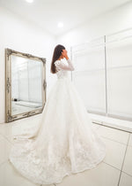 White Flowery Tulle Wedding Dress with sleeves for hire