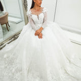 White Flowery Tulle Wedding Dress with sleeves