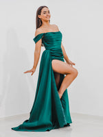 Ruda emerald green Satin column dress with off the shoulder sleeves and high slit