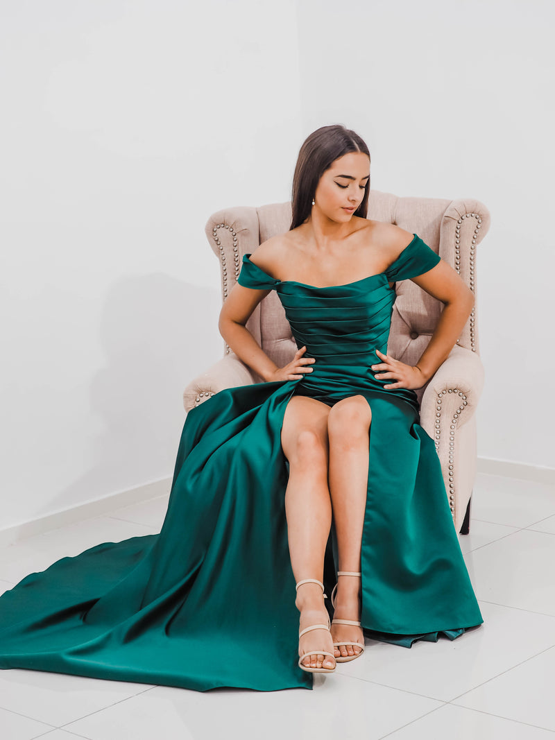 Ruda emerald green Satin column dress with off the shoulder sleeves and high slit