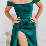 Emerald green Satin column dress with off the shoulder sleeves and high slit