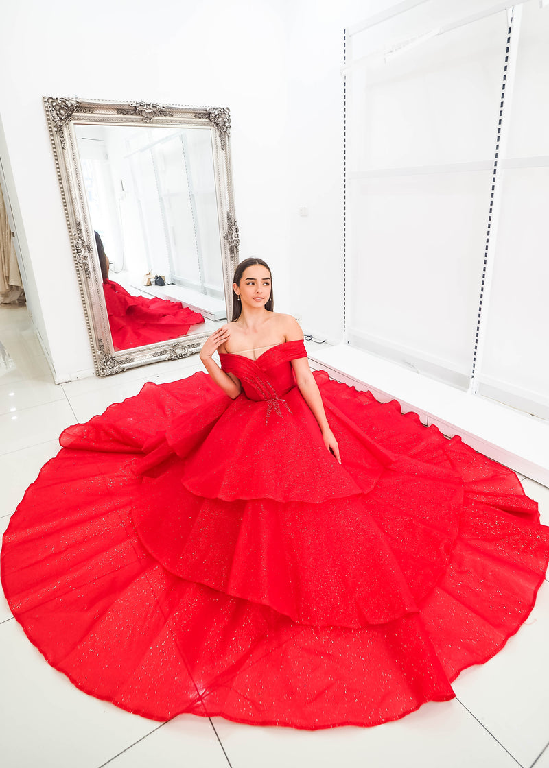 Addison sparkling red with 3 tier layered princess dress (sample sale)