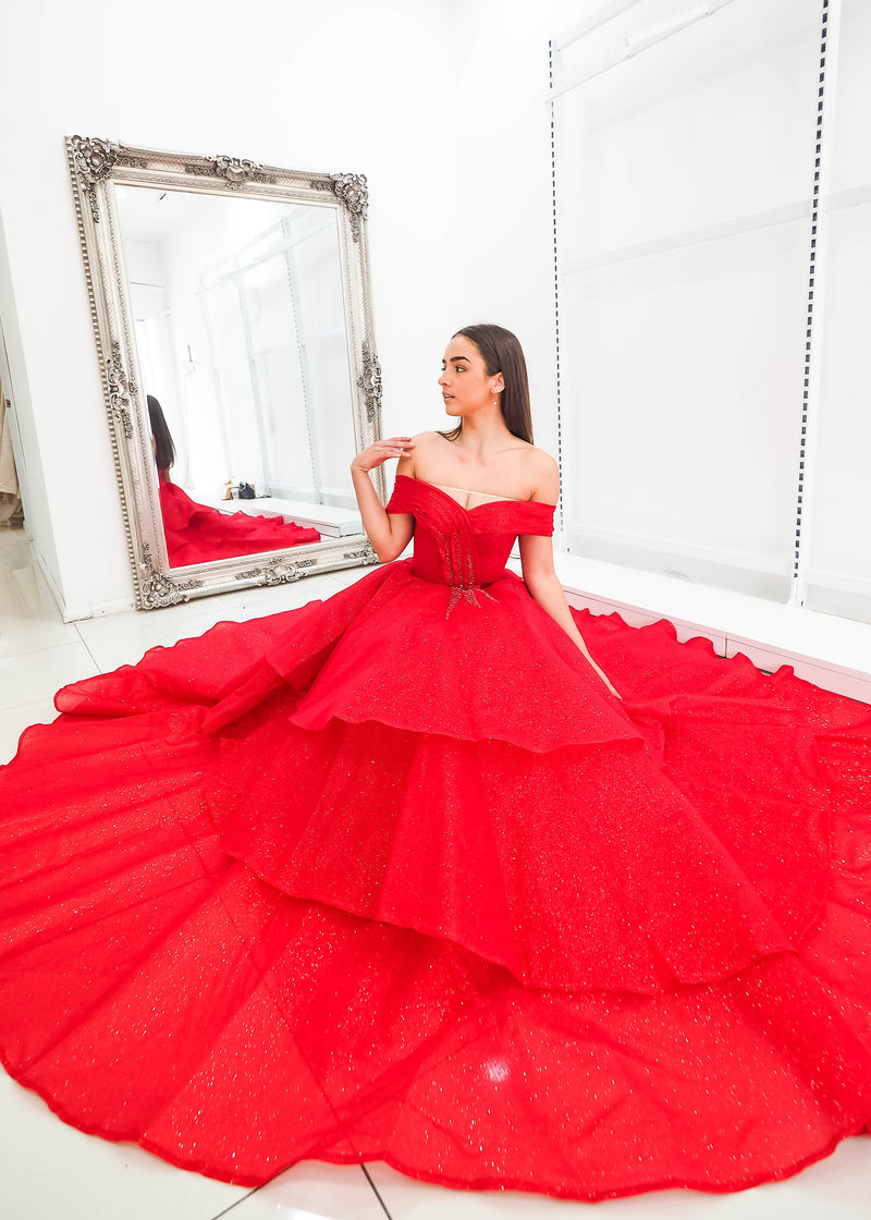 Addison sparkling red with 3 tier layered princess dress (sample sale)