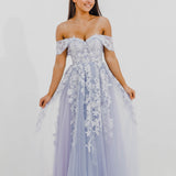 Tanya pastel purple lace princess dress with off the shoulder sleeves for hire