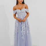 Tanya pastel purple lace princess dress with off the shoulder sleeves for hire