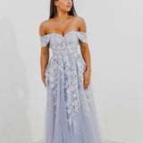 Tanya pastel purple lace princess dress with off the shoulder sleeves for hire