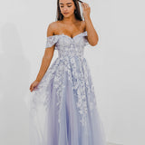 Tanya pastel purple lace princess dress with off the shoulder sleeves for hire
