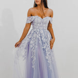 Tanya pastel purple lace princess dress with off the shoulder sleeves for hire