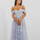 Tanya pastel purple lace princess dress with off the shoulder sleeves for hire