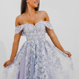 Tanya pastel purple lace princess dress with off the shoulder sleeves for hire