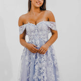 Tanya pastel purple lace princess dress with off the shoulder sleeves for hire