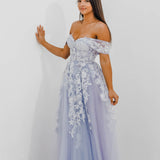 Tanya pastel purple lace princess dress with off the shoulder sleeves for hire