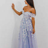 Tanya pastel purple lace princess dress with off the shoulder sleeves for hire