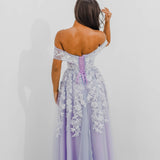 Tanya pastel purple lace princess dress with off the shoulder sleeves for hire