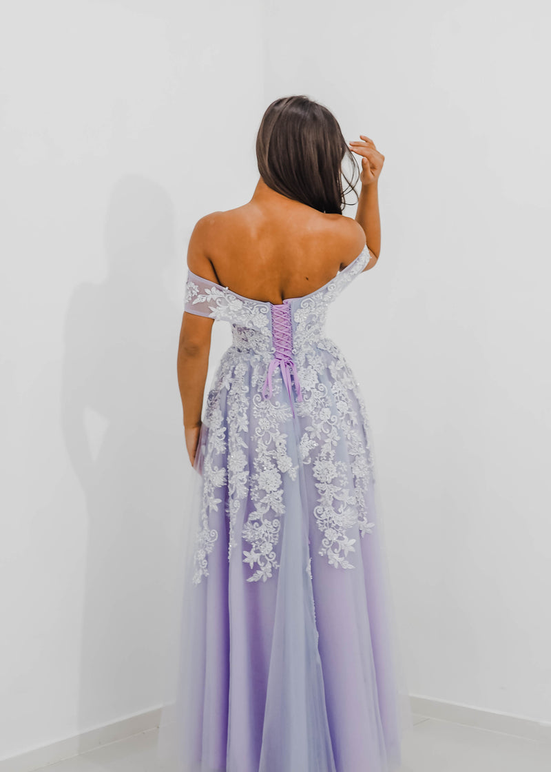 Tanya pastel purple lace princess dress with off the shoulder sleeves for hire