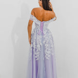 Tanya pastel purple lace princess dress with off the shoulder sleeves for hire
