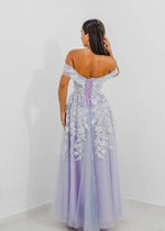 Tanya pastel purple lace princess dress with off the shoulder sleeves for hire
