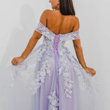 Pastel purple lace princess dress with off the shoulder sleeves