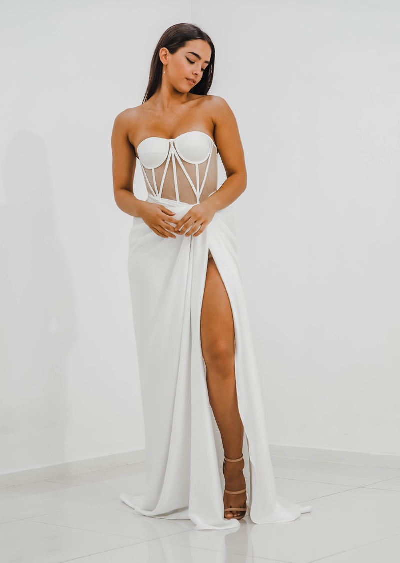 White bustier top with transparent bodice and high slit dress