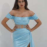 Sage green satin column dress with off the shoulder sleeves