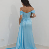 Sage green satin column dress with off the shoulder sleeves