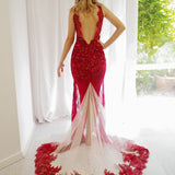 Dark red hand beaded lace mermaid dress