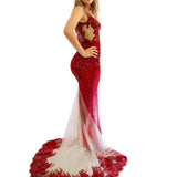 Dark red hand beaded lace mermaid dress