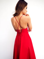Red satin v-neck full dress with slit and lace up back (sales)