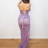 Beaded purple bustier cup dress with lace up back for hire