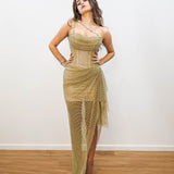 Gold mesh ruching top with lace up back dress with crystal gold strap details for hire