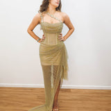 Gold mesh ruching top with lace up back dress with crystal gold strap details for hire