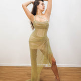 Gold mesh ruching top with lace up back dress with crystal gold strap details