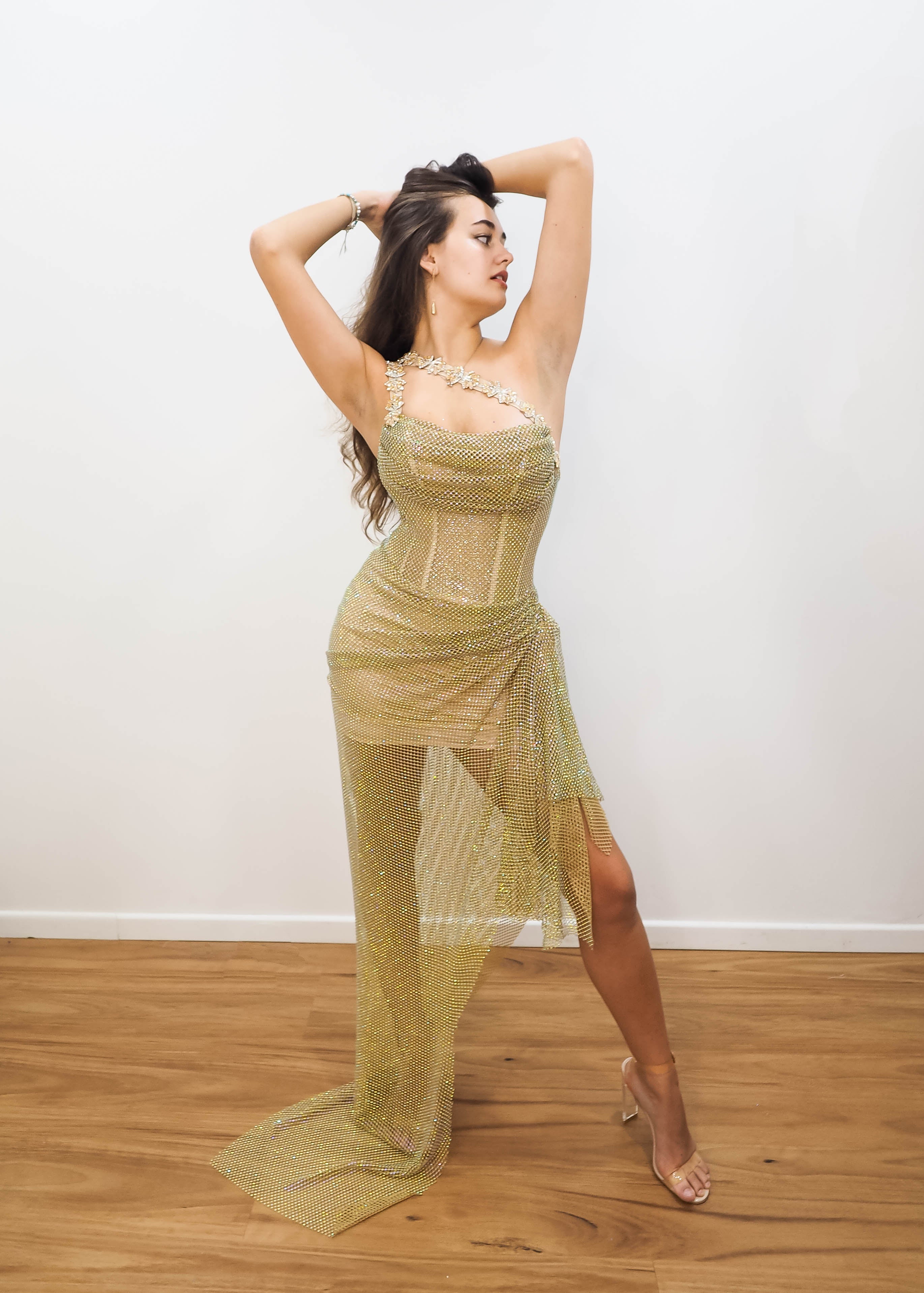 Gold mesh ruching top with lace up back dress with crystal gold strap Destiny Chic Gold mesh ruching top with lace up back dress with crystal gold strap Destiny Chic